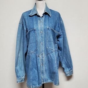 Vintage OOAK red oxx stone wash large pocket button up denim shacket jean jacket